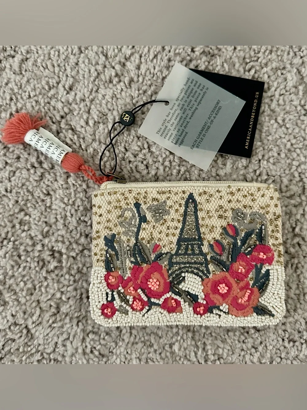 America and Beyond Embellished Floral Beaded Wristlet - Cream with Pink Accents